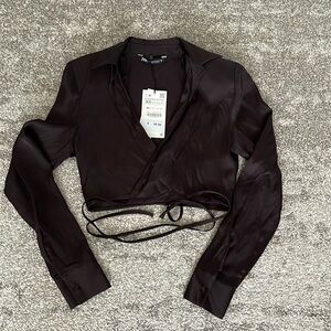 Zara wrap cropped top long sleeve brown #D
